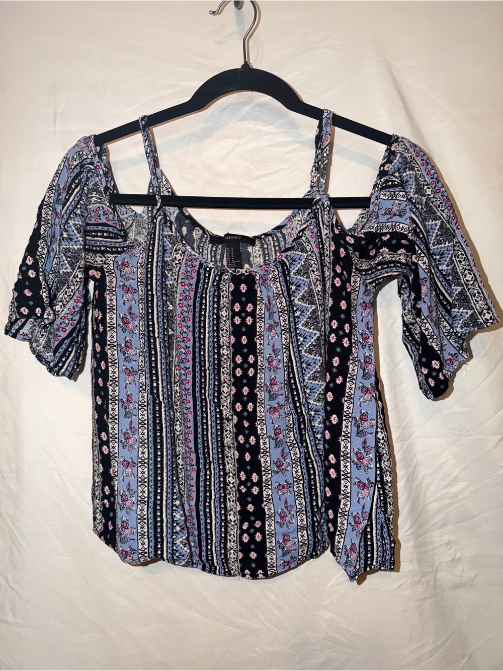Forever 21 Navy and Light Blue Striped Floral Cold-Shoulder Camisole